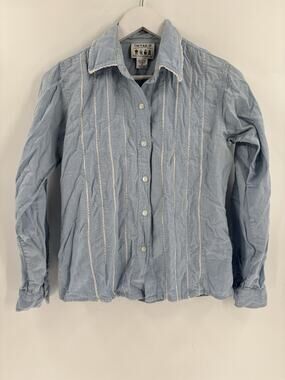 Details Vintage Button Up Shirt Womens Medium Blue White Striped Denim Casual
